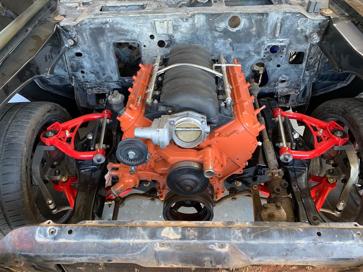 V8 engine bay in a performance build