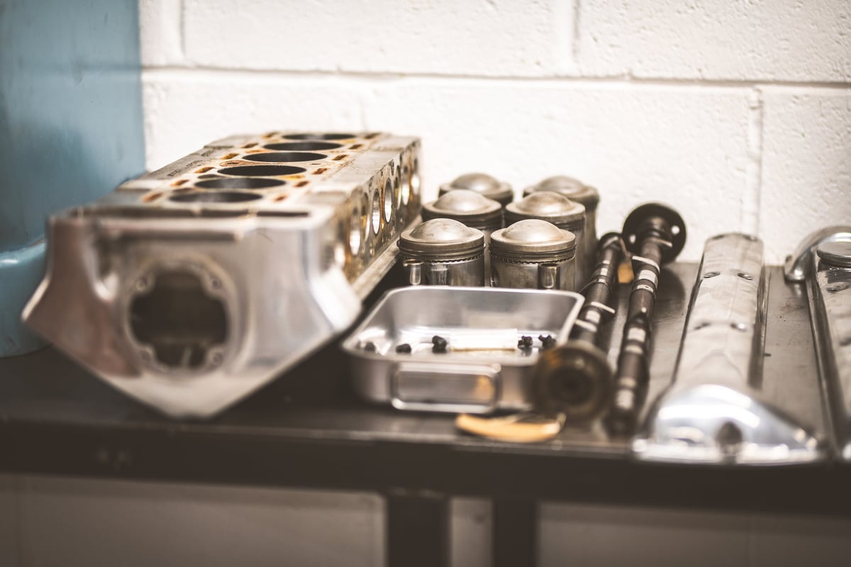 Engine parts laid out for a build